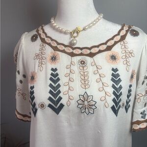 Melloday Embroidered Boho Blouse Medium Flutter Sleeve Cream Festival Top